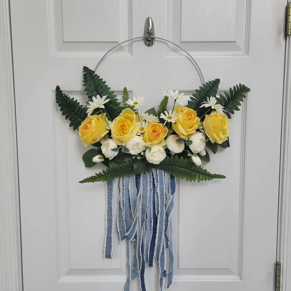 Galvanized Hoop Wreath with Yellow Roses, Daisies, Ferns & Denim Streamers